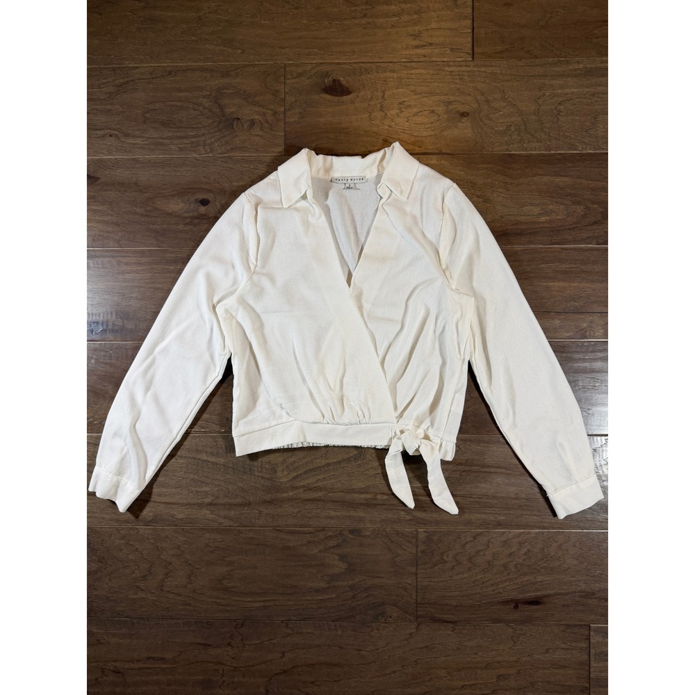 Haute Monde Womens White Linen Blend Wrap Surplice‎ Top Long Sleeve Small